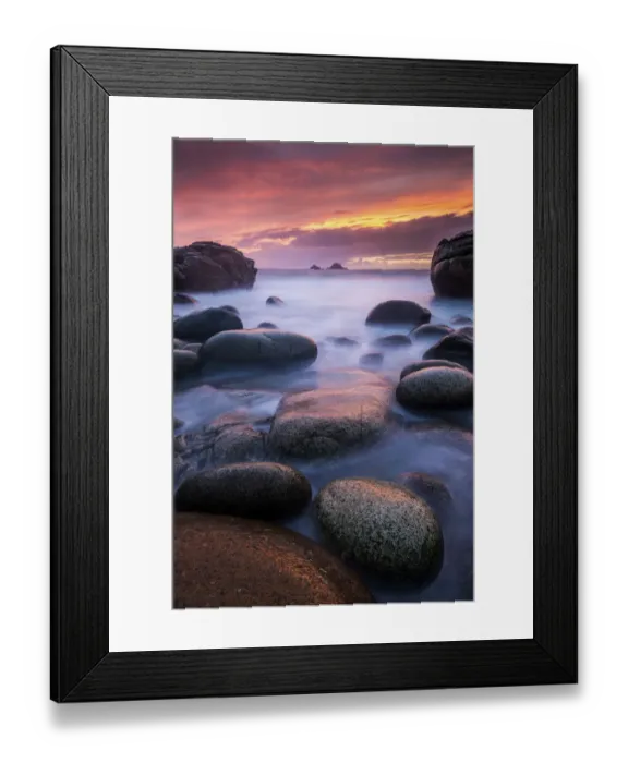 Framed Print : Sea and stones at Porth Nanven beach, with rising tide at sunset, The Cot Valley Framed Print : Sea and stones at Porth Nanven beach, with rising tide at sunset, The Cot Valley