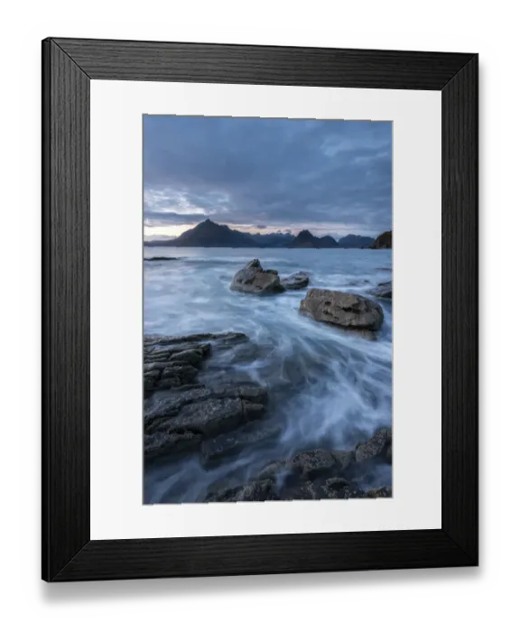 Framed Print : Waves washing up Elgol beach in the evening light with a view of the Cuillins, Strathaird Framed Print : Waves washing up Elgol beach in the evening light with a view of the Cuillins, Strathaird