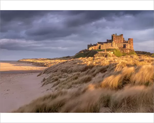 Bamburgh Castle and sand dunes in warm, late evening light with stormy evening sky
