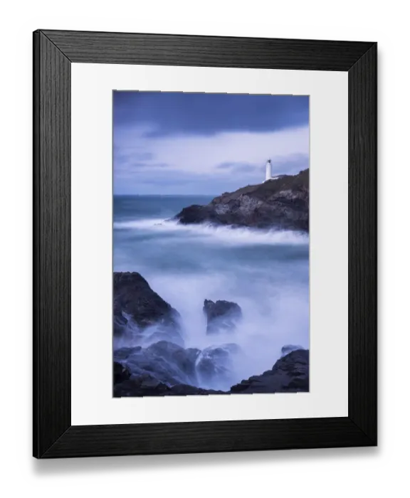Framed Print : Trevose Lighthouse at dusk, long exposure at high tide, Trevose, Cornwall, UK. January 2015
