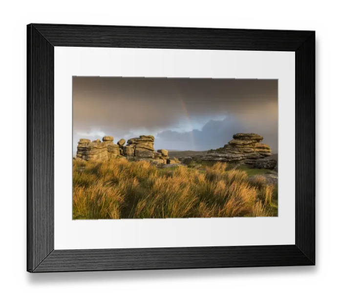 Framed Print : Rainbow at Combestone Tor, early morning light, Dartmoor National Park, Devon, UK Framed Print : Rainbow at Combestone Tor, early morning light, Dartmoor National Park, Devon, UK