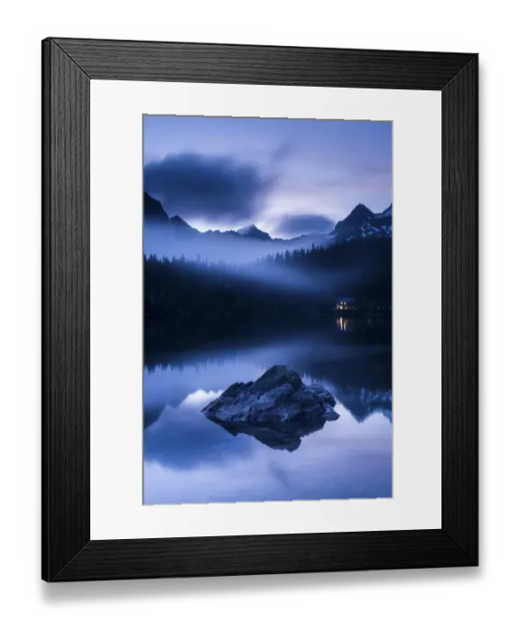 Framed Print : Popradske Pleso, looking toward mountain range, in late evening light, with reflections and mist Framed Print : Popradske Pleso, looking toward mountain range, in late evening light, with reflections and mist