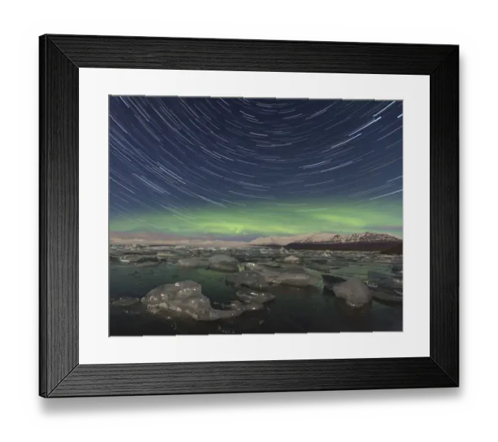 Framed Print : Aurora borealis and star trails over Jokulsarlon glacier lagoon. Southern Iceland Framed Print : Aurora borealis and star trails over Jokulsarlon glacier lagoon. Southern Iceland