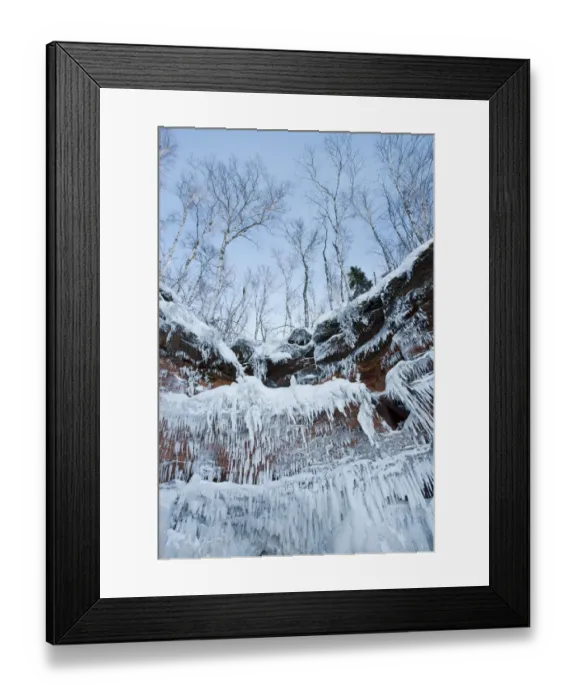 Framed Print : Icicles hanging from sandstone cliffs on shoreline, Apostle Islands National Lakeshore Framed Print : Icicles hanging from sandstone cliffs on shoreline, Apostle Islands National Lakeshore