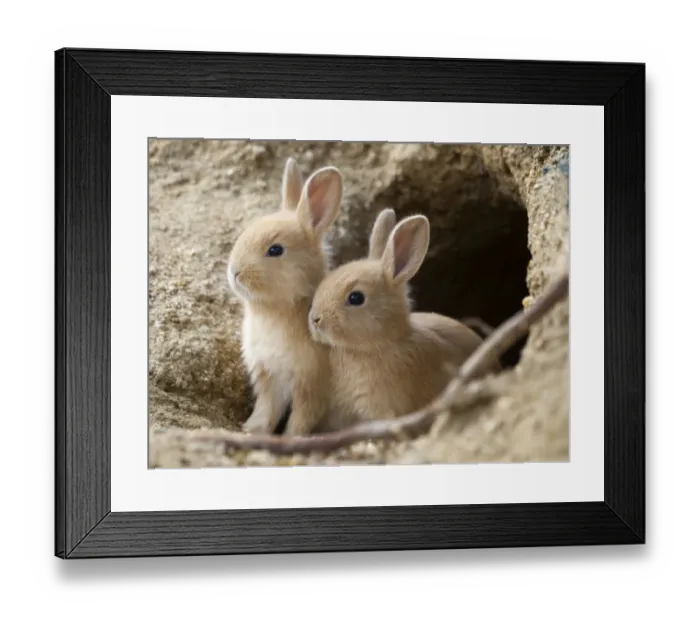 Framed Print : Feral domestic rabbit (Oryctolagus cuniculus) babies at burrow. Okunojima Island Framed Print : Feral domestic rabbit (Oryctolagus cuniculus) babies at burrow. Okunojima Island