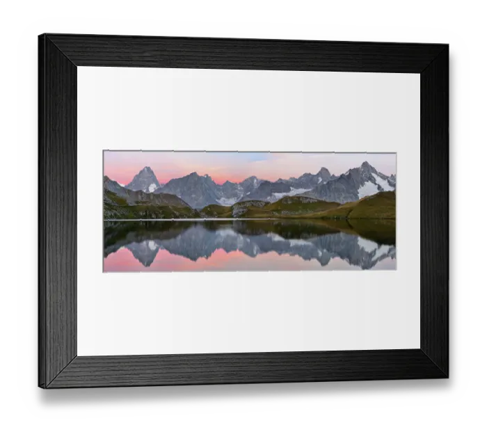 Framed Print : Colourful pink sky at dawn reflected in Fenetre Lake / Lac de Fenetre in Swiss Alps, 2456 m above sea level. Mont Blanc, Grande Jorasses, Aiguille du Talefre, Aiguille du Triolet and Mont Dolent in Ferret Valley (Val Ferret) beyond Framed Print : Colourful pink sky at dawn reflected in Fenetre Lake / Lac de Fenetre in Swiss Alps, 2456 m above sea level. Mont Blanc, Grande Jorasses, Aiguille du Talefre, Aiguille du Triolet and Mont Dolent in Ferret Valley (Val Ferret) beyond