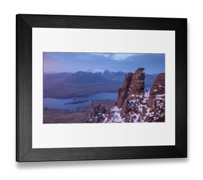 Framed Print : Sandstone pinnacles and view of lochs below, Stac Pollaidh Inverpolly, Highlands of Scotland Framed Print : Sandstone pinnacles and view of lochs below, Stac Pollaidh Inverpolly, Highlands of Scotland