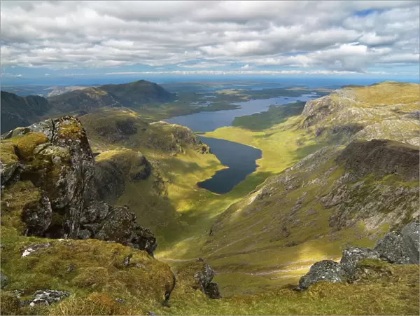 View from A Mhaighdean overlooking Fionn Loch. Highlands, Highlands of Scotland