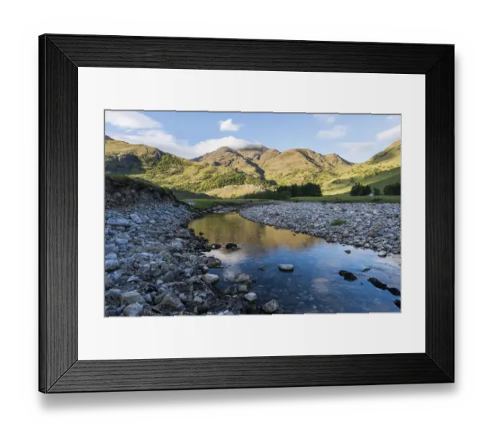 Framed Print : Rising sun illuminating Luinne Bheinn with the river Barrisdale in the forground Framed Print : Rising sun illuminating Luinne Bheinn with the river Barrisdale in the forground