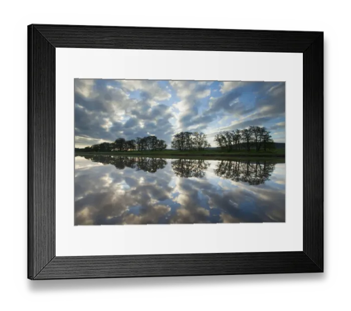 Framed Print : Trees and clouds reflected in River Spey at dawn, Cairngorms National Park, Scotland Framed Print : Trees and clouds reflected in River Spey at dawn, Cairngorms National Park, Scotland