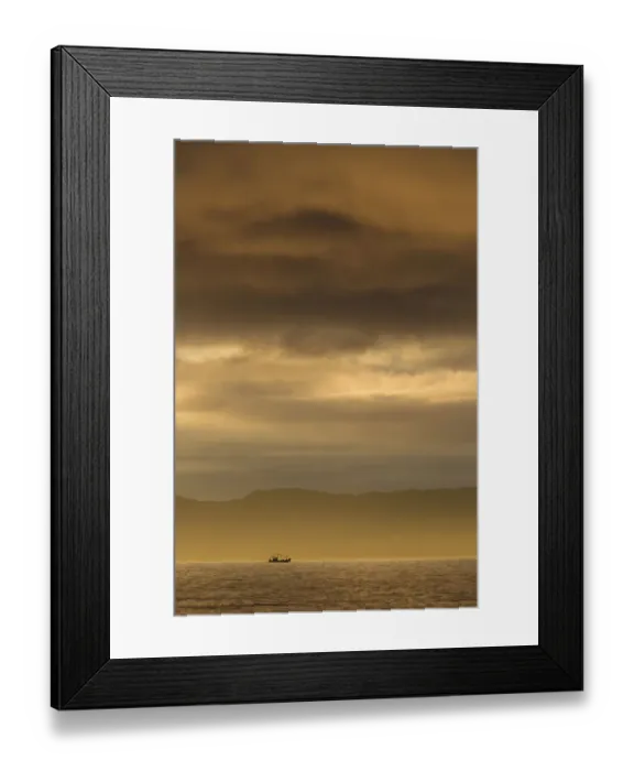 Framed Print : Fishing boat silhouetted at sunset, The Minch, a stretch of water between NW Highlands Framed Print : Fishing boat silhouetted at sunset, The Minch, a stretch of water between NW Highlands