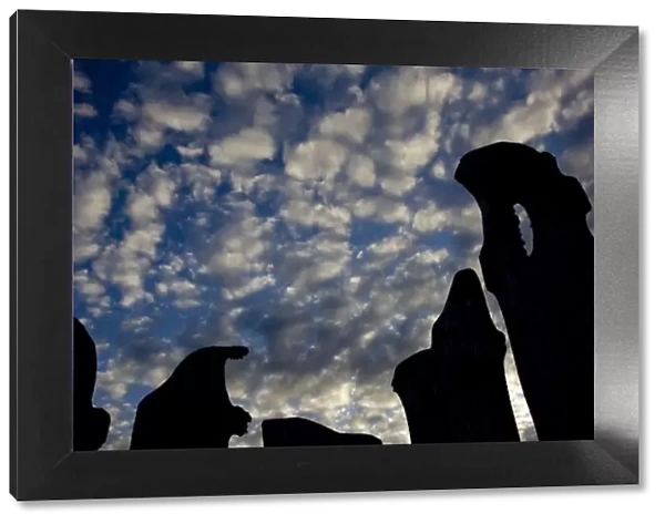 Cloud patterns viewed up through silhouettes of standing stones on blanket bog, Flow country