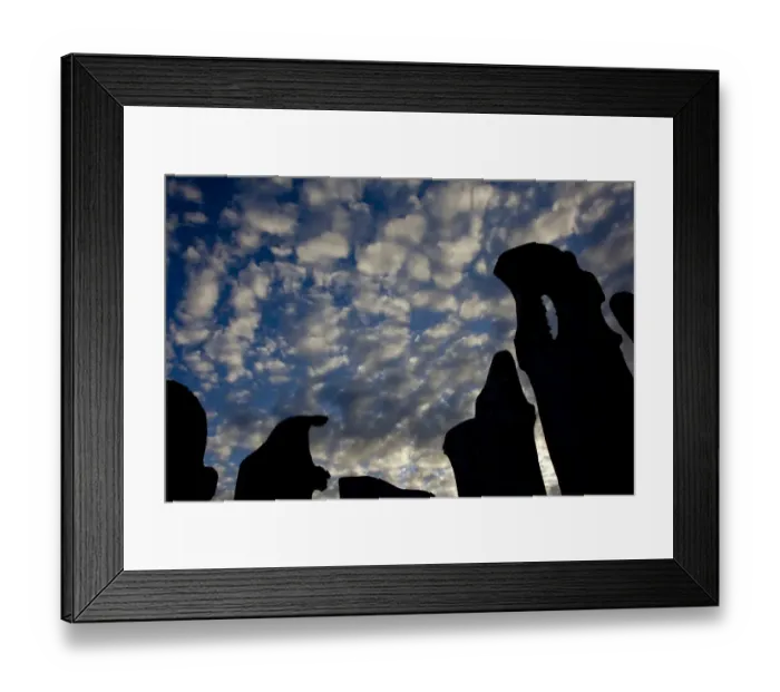 Framed Print : Cloud patterns viewed up through silhouettes of standing stones on blanket bog, Flow country Framed Print : Cloud patterns viewed up through silhouettes of standing stones on blanket bog, Flow country