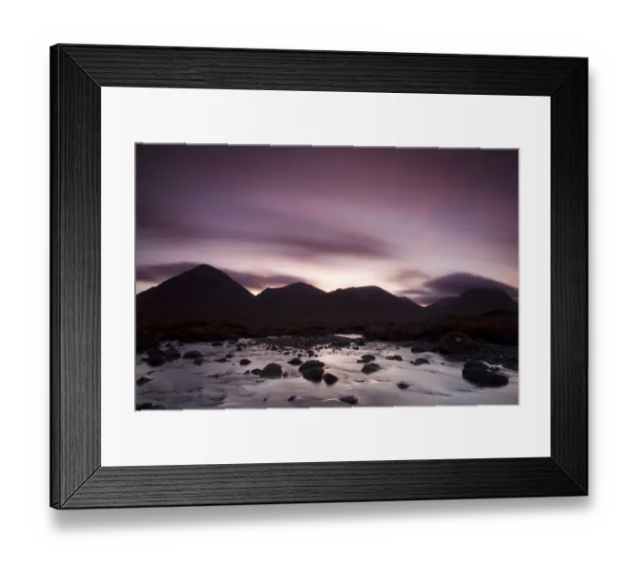 Framed Print : Silhouettes of the Red Cullin at dawn, with stream in the foreground, Isle of Skye Framed Print : Silhouettes of the Red Cullin at dawn, with stream in the foreground, Isle of Skye