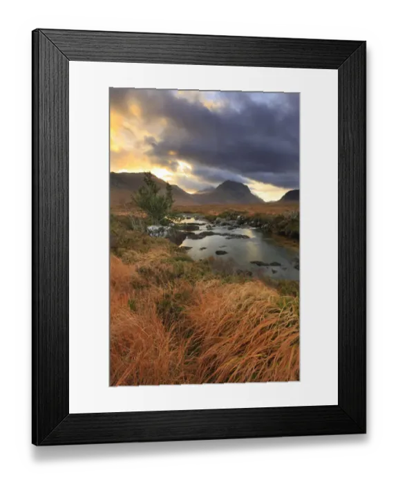Framed Print : View looking towards Marsco, with stormy sky and the River Sligachan in foreground Framed Print : View looking towards Marsco, with stormy sky and the River Sligachan in foreground