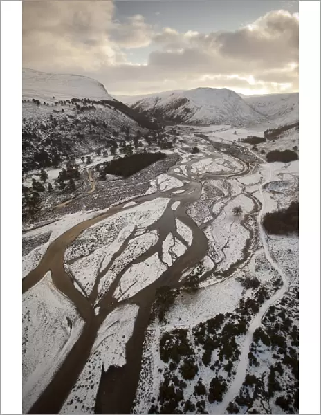 Aerial view over Glenfeshie in winter, Cairngorms National Park, Scotland, UK, January