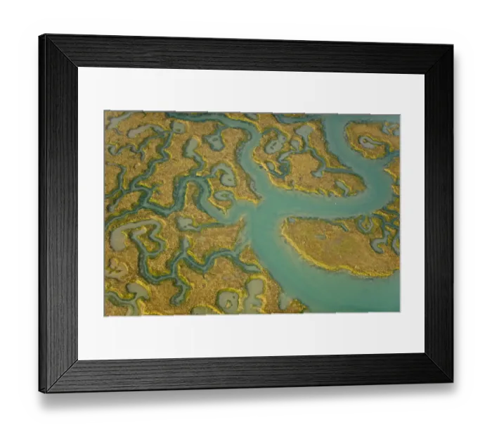 Framed Print : Aerial view of saltmarsh landscape, Abbotts Hall Farm Nature Reserve, Essex, England Framed Print : Aerial view of saltmarsh landscape, Abbotts Hall Farm Nature Reserve, Essex, England