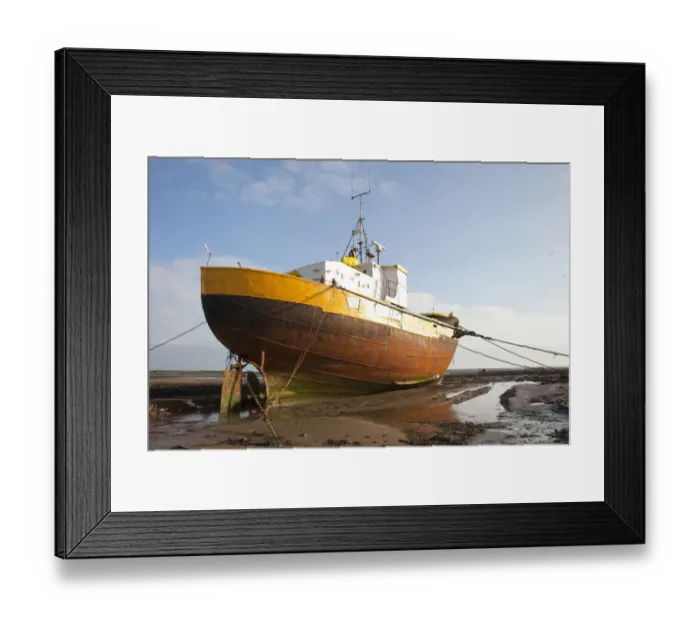 Framed Print : Old fishing boat held upright at low tide with ropes and chains, Roa Island, Morecambe Bay Framed Print : Old fishing boat held upright at low tide with ropes and chains, Roa Island, Morecambe Bay