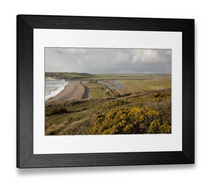 Framed Print : Chalk downland and river estuary. Seven Sisters Country Park, South Downs, England Framed Print : Chalk downland and river estuary. Seven Sisters Country Park, South Downs, England