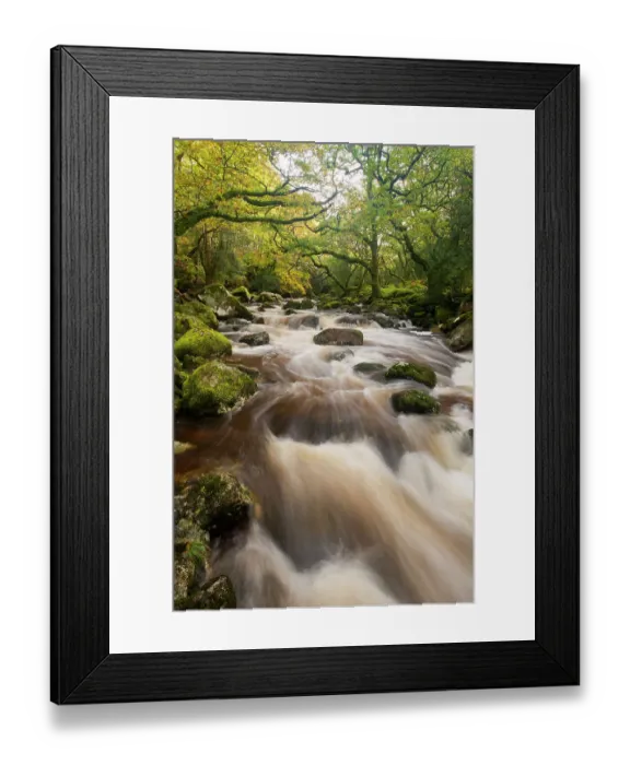 Framed Print : RF- River Plym flowing through Dewerstone Wood, Shaugh Prior, Dartmoor National Park, Devon, England, UK, October 2011