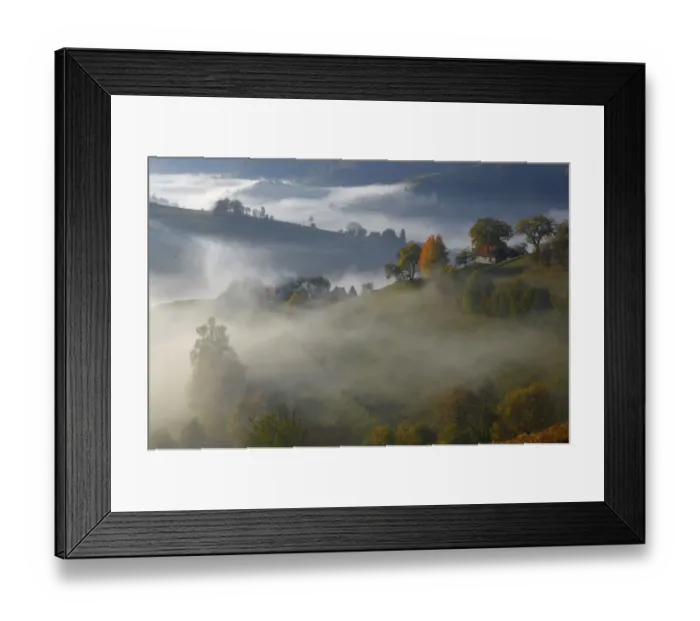 Framed Print : Rural landscape with morning mist near Zarnesti, Transylvania, Southern Carpathian Mountains Framed Print : Rural landscape with morning mist near Zarnesti, Transylvania, Southern Carpathian Mountains