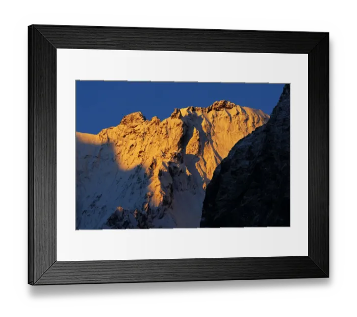 Framed Print : First light on snow covered mountain near Dombay, Teberdinsky biosphere reserve, Caucasus Framed Print : First light on snow covered mountain near Dombay, Teberdinsky biosphere reserve, Caucasus