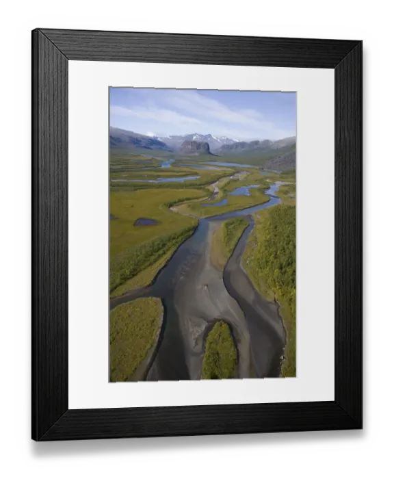 Framed Print : Aerial view over Laitaure delta in the Rapadalen valley with Skierffe and Nammatj mountains Framed Print : Aerial view over Laitaure delta in the Rapadalen valley with Skierffe and Nammatj mountains