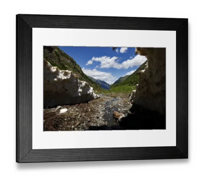 Framed Print : Alibek valley near Dombay seen from inside an ice-cave, Teberdinsky biosphere reserve Framed Print : Alibek valley near Dombay seen from inside an ice-cave, Teberdinsky biosphere reserve