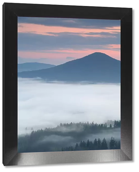 View from Vilhemina Vyhlidka at sunset with mist in valley, Ceske Svycarsko  /  Bohemian