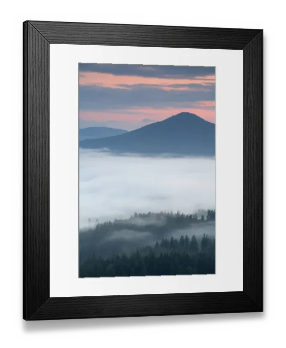 Framed Print : View from Vilhemina Vyhlidka at sunset with mist in valley, Ceske Svycarsko / Bohemian Framed Print : View from Vilhemina Vyhlidka at sunset with mist in valley, Ceske Svycarsko / Bohemian