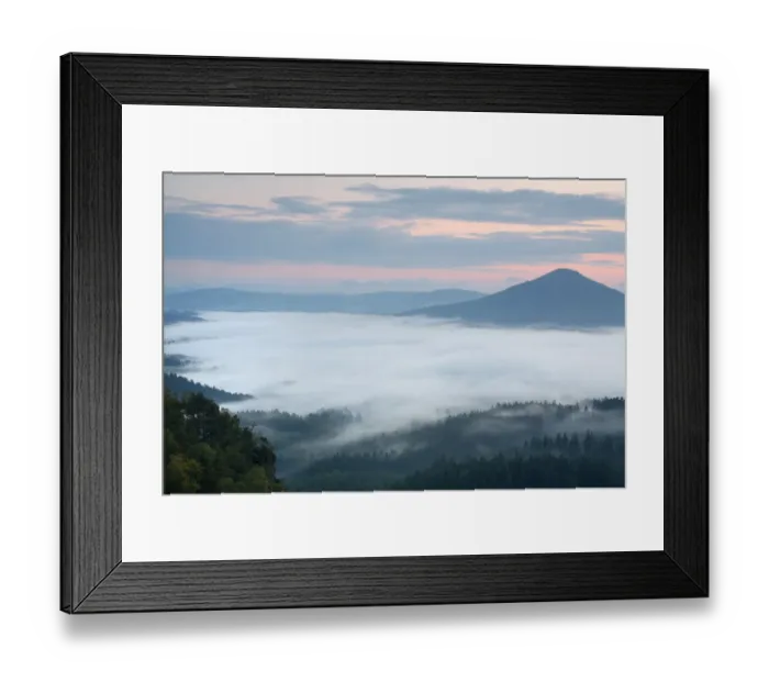 Framed Print : View from Vilhemina Vyhlidka at sunset with mist in valley, Ceske Svycarsko / Bohemian Framed Print : View from Vilhemina Vyhlidka at sunset with mist in valley, Ceske Svycarsko / Bohemian
