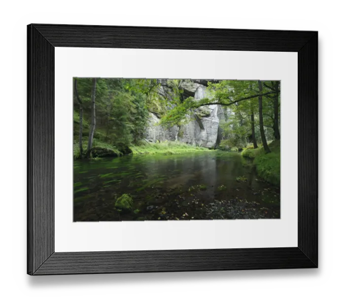 Framed Print : Krinice River flowing past rock face in wood, Dlouhy Dul, Ceske Svycarsko / Bohemian Framed Print : Krinice River flowing past rock face in wood, Dlouhy Dul, Ceske Svycarsko / Bohemian