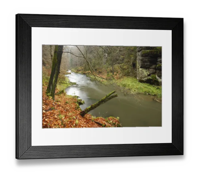 Framed Print : Kamenice River flowing past large rocks in wood, Hrensko, Ceske Svycarsko  /  Bohemian