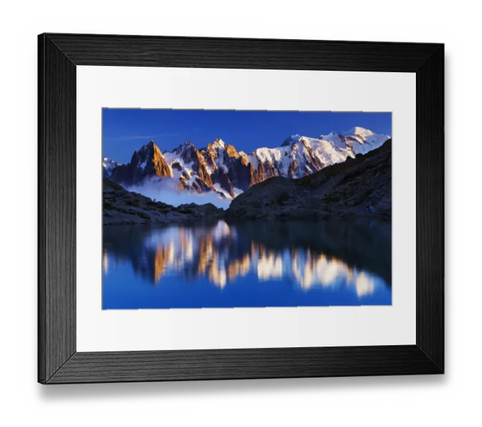 Framed Print : Mountain landscape, Lac Blanc with Aiguilles de Chamonix at sunset, Haute Savoie