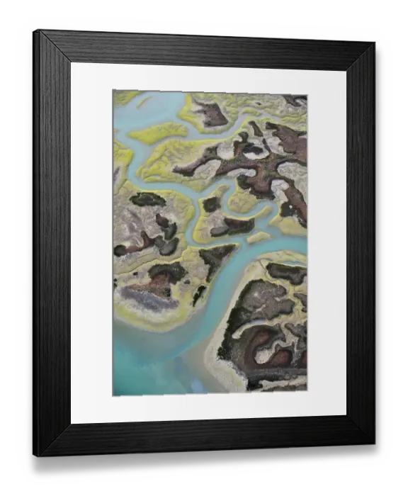 Framed Print : Aerial view of marshes with Seaweed exposed at low tide, Baha de Cdiz Natural Park Framed Print : Aerial view of marshes with Seaweed exposed at low tide, Baha de Cdiz Natural Park