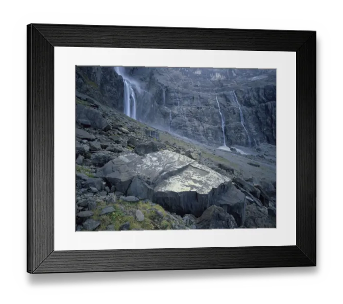 Framed Print : Waterfalls flowing down rock faces in the Cirque de Gavarnie, Pyrenees, France, October
