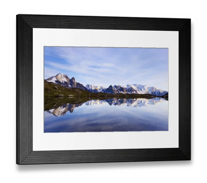 Framed Print : Lacs des Cheserys with Aiguille Vert (4, 122m) left, Aiguilles de Chamonix with Mont Blanc (4