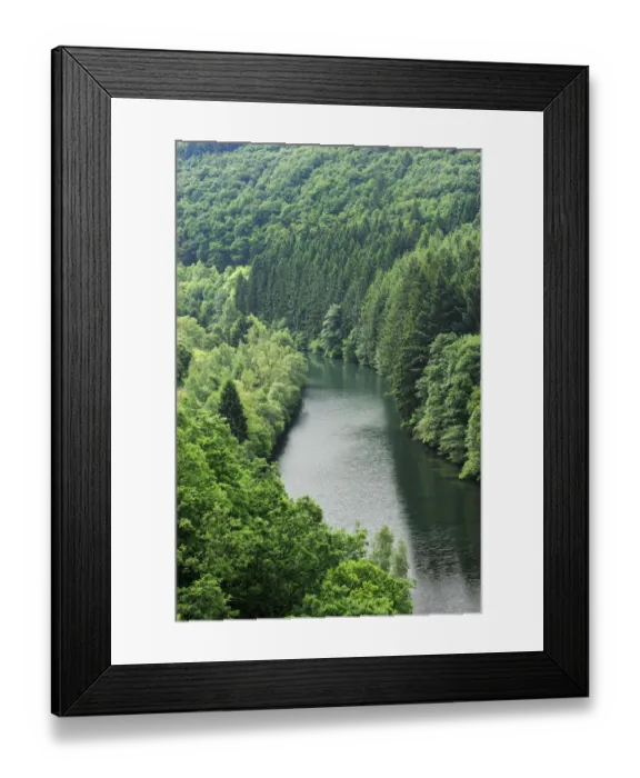 Framed Print : View from the Esch-Sur-Sre dam of the River Sauer flowing through a forest, Oesling Framed Print : View from the Esch-Sur-Sre dam of the River Sauer flowing through a forest, Oesling