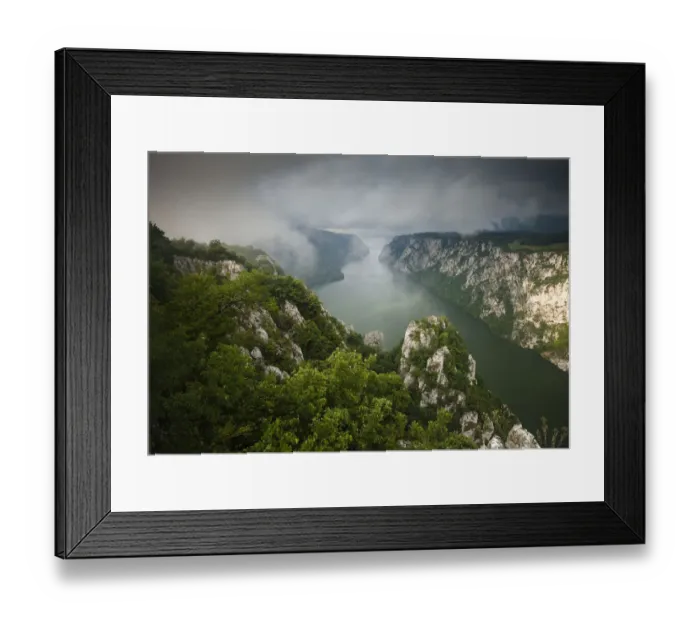 Framed Print : Low clouds over the River Danube flowing through the Iron Gate Gorge, Djerdap National Park Framed Print : Low clouds over the River Danube flowing through the Iron Gate Gorge, Djerdap National Park
