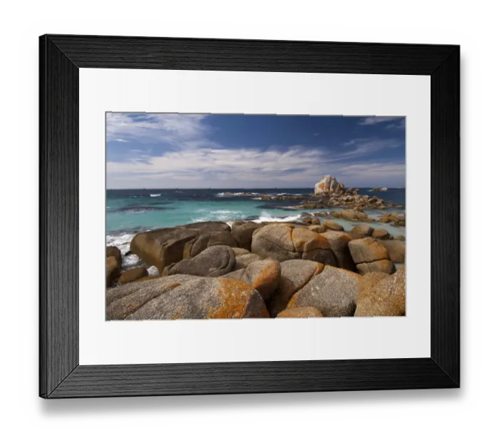 Framed Print : Headland coastline clad in granite boulders covered in red lichen, Mount William National Park Framed Print : Headland coastline clad in granite boulders covered in red lichen, Mount William National Park