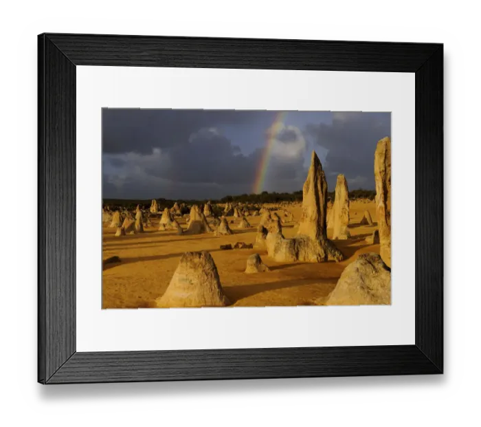 Framed Print : Rainbow over the Limestone formations in the Pinnacles desert, Nambung National Park Framed Print : Rainbow over the Limestone formations in the Pinnacles desert, Nambung National Park