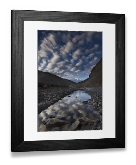 Framed Print : Reflection of clouds in water next to the Kali Ghandaki river, Nilgiri range, Chhusang Framed Print : Reflection of clouds in water next to the Kali Ghandaki river, Nilgiri range, Chhusang