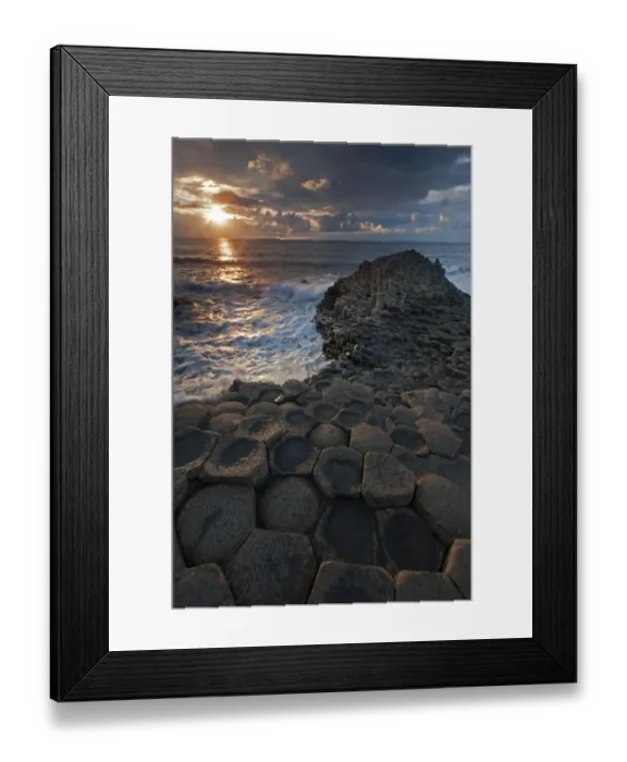 Framed Print : Sunset over the sea at Giants Causeway, Causeway coast, Antrim county Framed Print : Sunset over the sea at Giants Causeway, Causeway coast, Antrim county