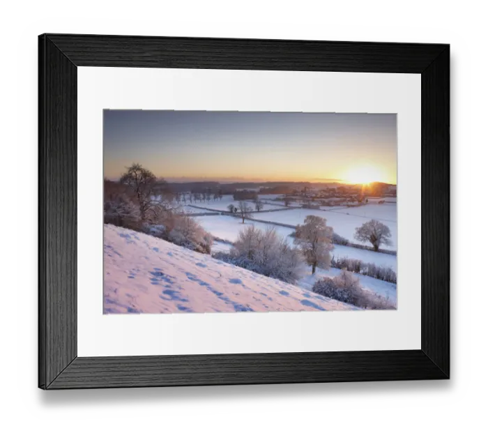 Framed Print : Frost and snow on the trees at sunset. East Hill overlooking Milborne Port, Somerset Framed Print : Frost and snow on the trees at sunset. East Hill overlooking Milborne Port, Somerset