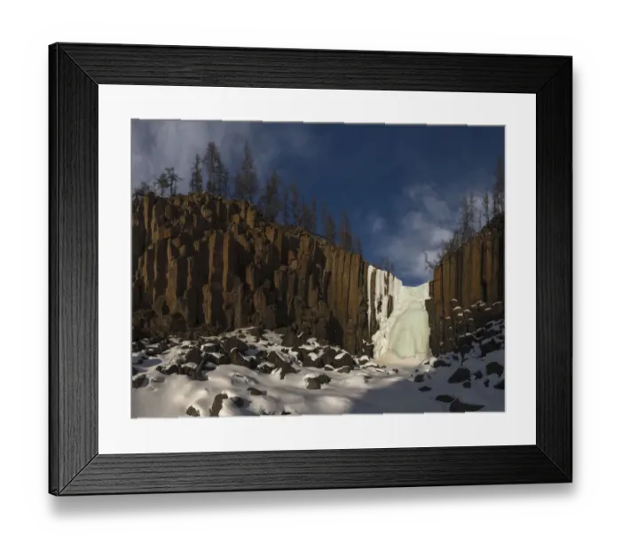 Framed Print : Frozen waterfall and basalt cliffs, Putoransky State Nature Reserve, Putorana Plateau Framed Print : Frozen waterfall and basalt cliffs, Putoransky State Nature Reserve, Putorana Plateau