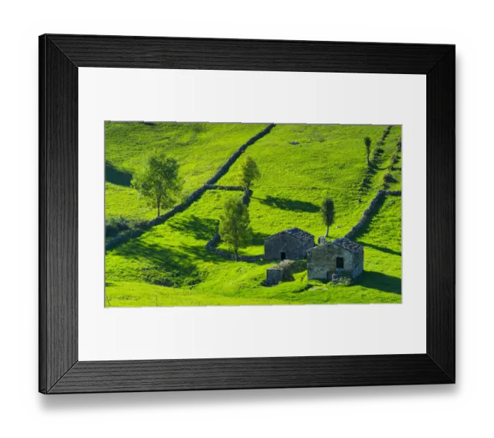 Framed Print : Cabana pasiega buildings and meadows, Miera Valley, Valles Pasiegos, Cantabria, Spain Framed Print : Cabana pasiega buildings and meadows, Miera Valley, Valles Pasiegos, Cantabria, Spain