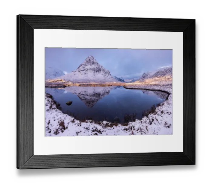Framed Print : Buachaille Etive Beag reflected in Lochan na Fola after snowfall, early morning light Framed Print : Buachaille Etive Beag reflected in Lochan na Fola after snowfall, early morning light
