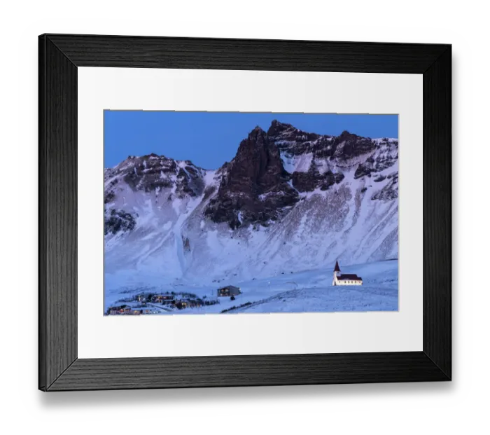Framed Print : Vik i Myrdal Church, floodlit at twilight after snowfall, Vik, Iceland. December 2017 Framed Print : Vik i Myrdal Church, floodlit at twilight after snowfall, Vik, Iceland. December 2017