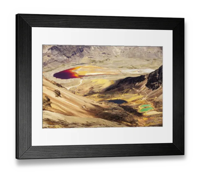 Framed Print : Colourful lakes below the peak of Chacaltaya, lake discoloured by mine effluent. Andes, Bolivia Framed Print : Colourful lakes below the peak of Chacaltaya, lake discoloured by mine effluent. Andes, Bolivia