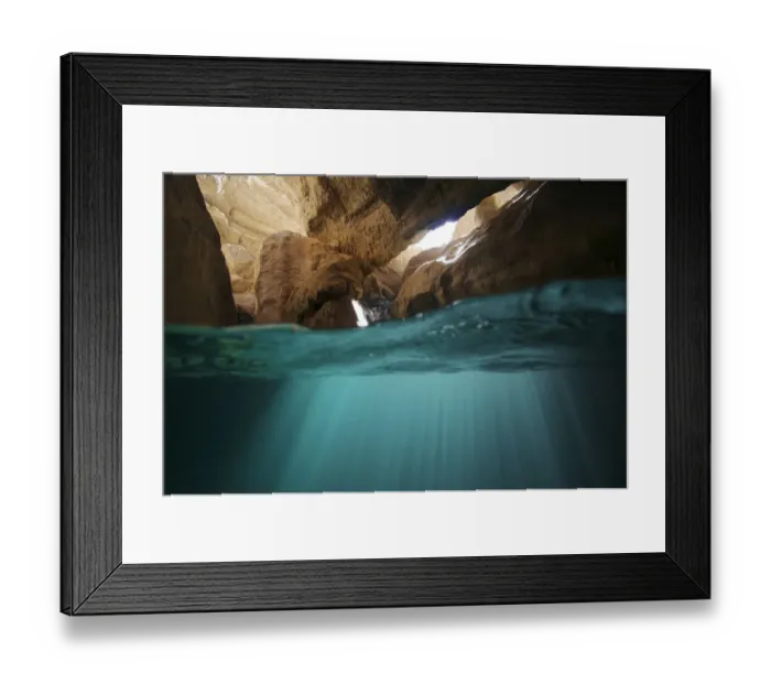 Framed Print : Split level view of water in cave in Wadi Al Shab, Al Sharqiyah South Governorate